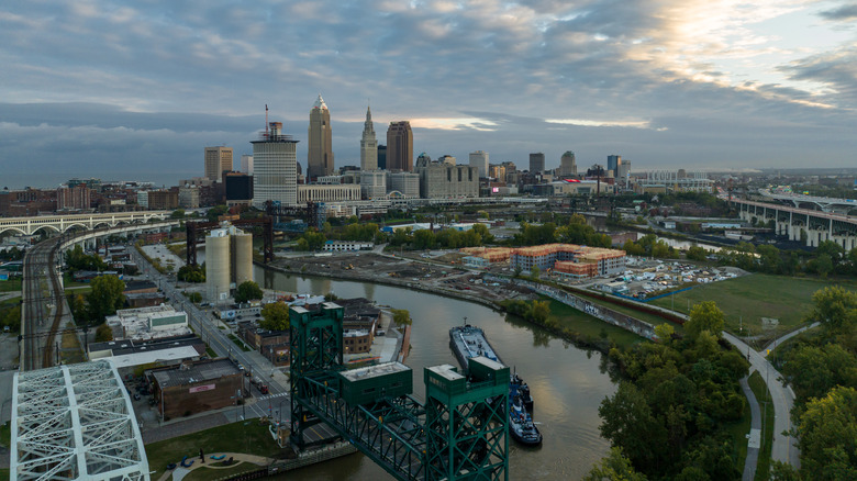 Aerial shot of Cleveland's skyline from the distance