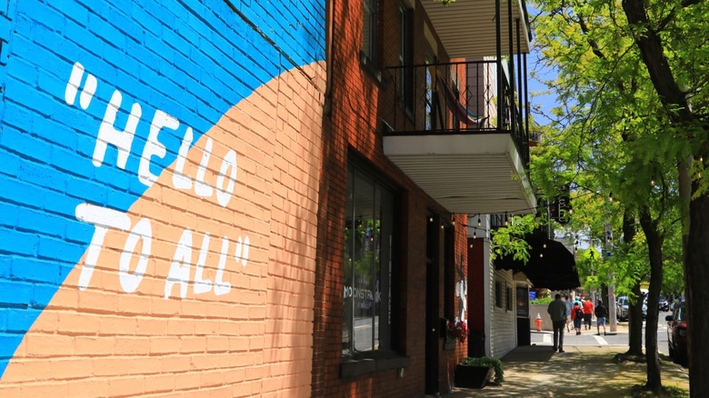 A colorful mural that reads 