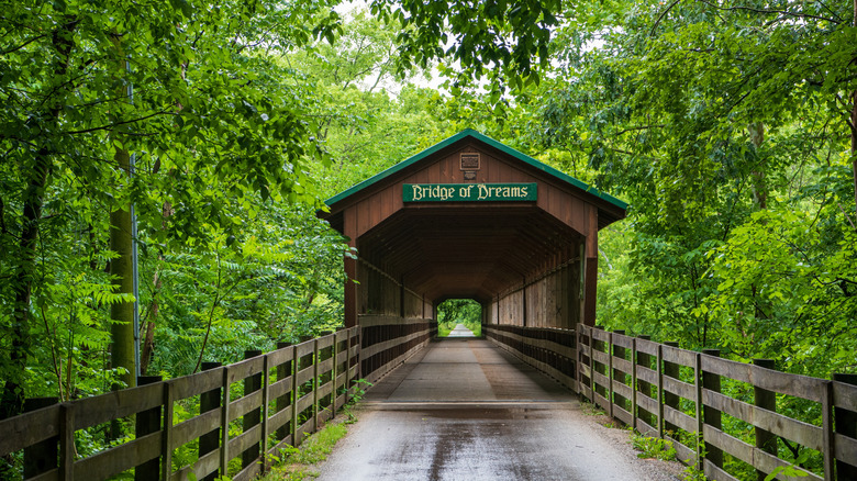 A covered bridge, a Bridge of Dreams, surrounded by trees in Danville, Ohio