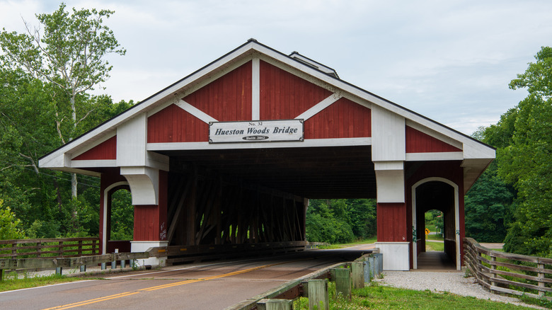 A historical landmark in Ohio known as Hueston Woods State Park Covered Bridge