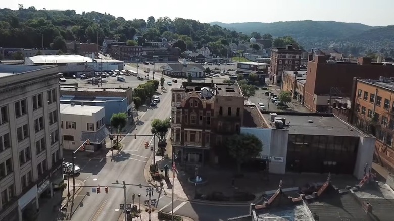 Aerial view of street in East Liverpool, Ohio