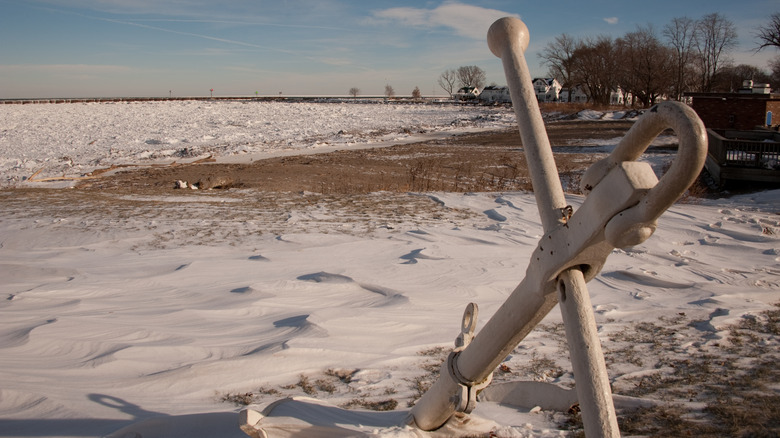 Main Street Beach in Vermilion, OH, with anchor in the sand.