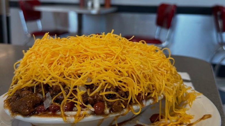 Chili topped with cheese at Camp Washington Chili