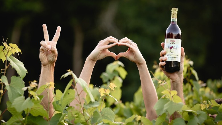 A hand with the peace sign, two hands making a heart shape, and another hand holding a bottle of Buccia wine.