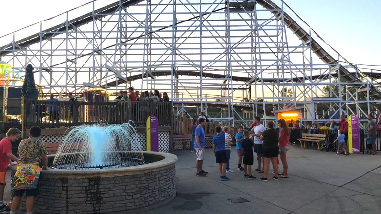 Wooden roller coaster seen from the ground at Stricker's Grove, Ohio