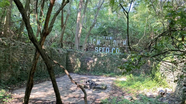 An old and rusty J. C. McCullough Seed Co. sign atop stony ruins amidst green trees.