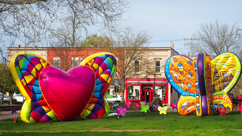 Inflatable butterflies in lawn