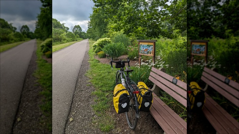Bike next to bench along Conotton Creek Trail in Scio