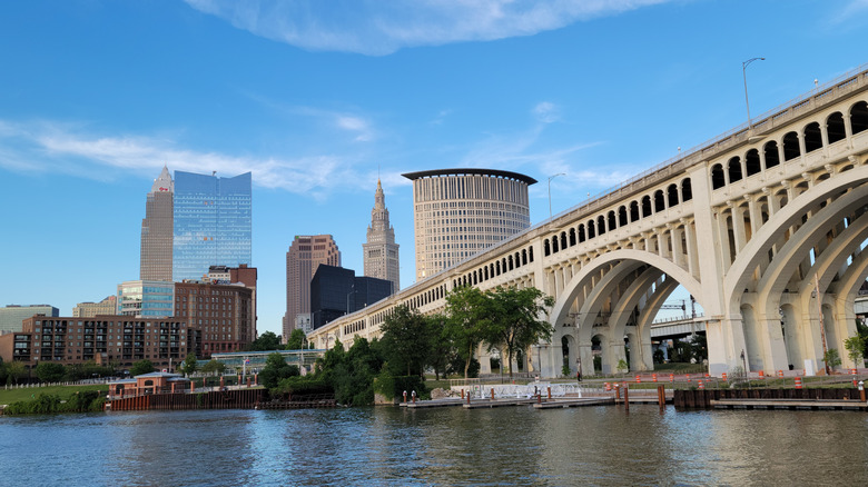 The Cuyahoga River running through downtown Cleveland, Ohio