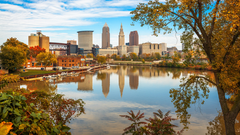 The Cleveland skyline over the Cuyahoga River in autumn