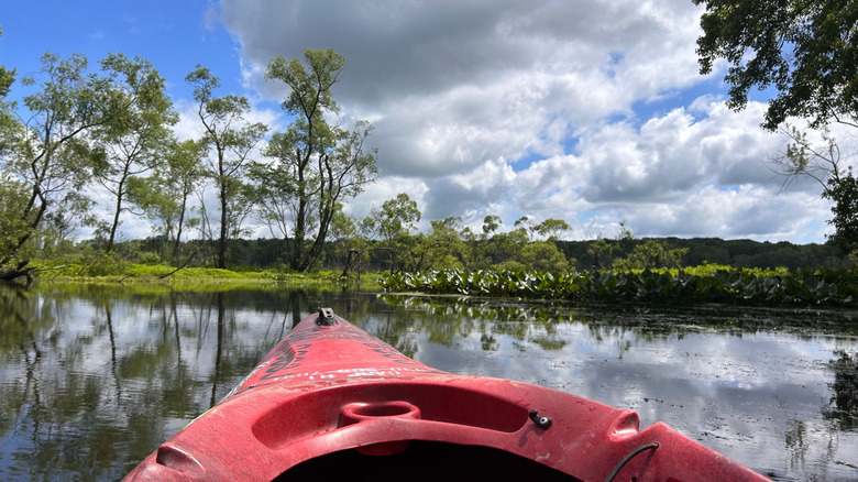 Red kayak floating down the Cuyahoga River