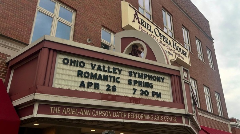 marquee of the Ariel-Ann Carson Dater Performing Arts Centre, advertising a performance by the Ohio Valley Symphony