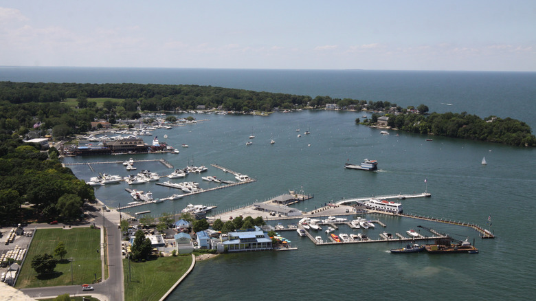 An aerial view of Put-in-Bay with its harbor, buildings, and Oak Point State Park overlooking Lake Erie and Gibraltar Island