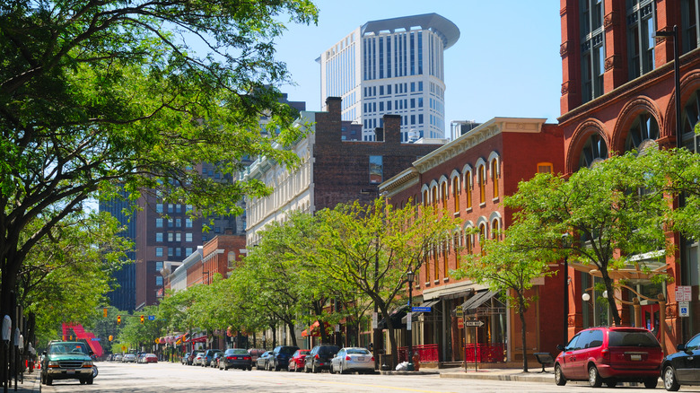 A tree-lined street with skyscrapers in the distance in Cleveland's Warehouse District