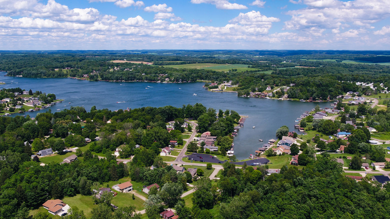 An aerial shot of Apple Valley Lake and the houses around it