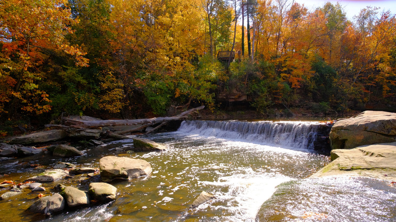 A waterfall in David Fortier River Park in autumn