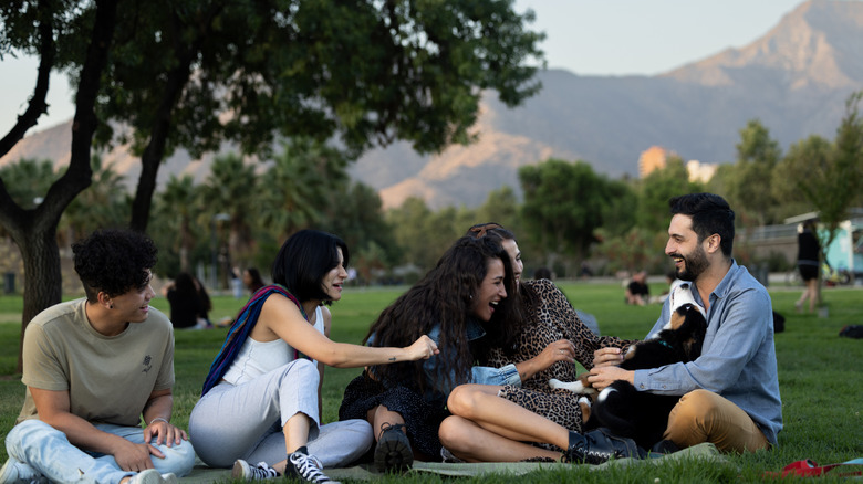 Group of young adults on a picnic blanket on a lawn