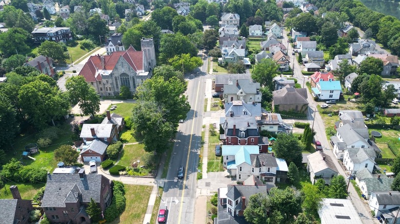 An aerial shot of Oil City including a historic church