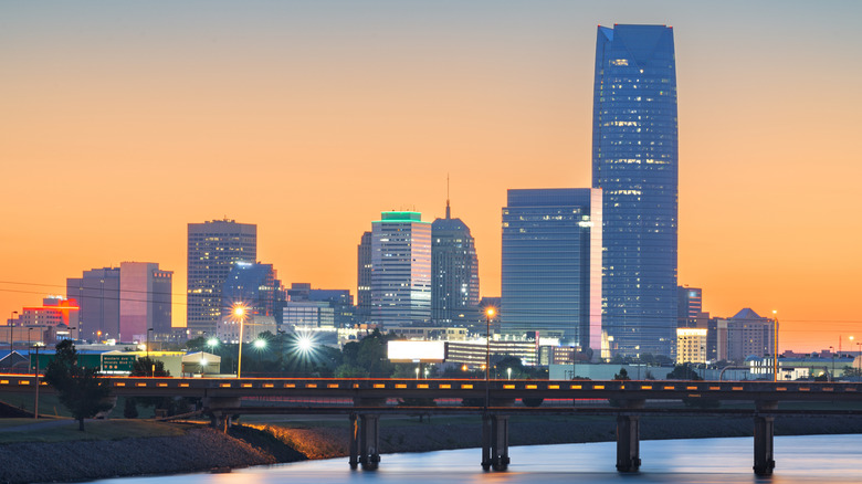 The skyline of downtown Oklahoma at sunset