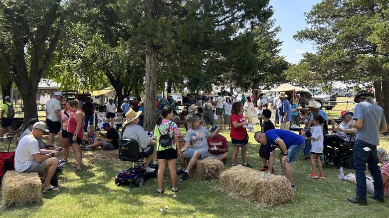 Visitors enjoying Mustang Western Days among hay bales