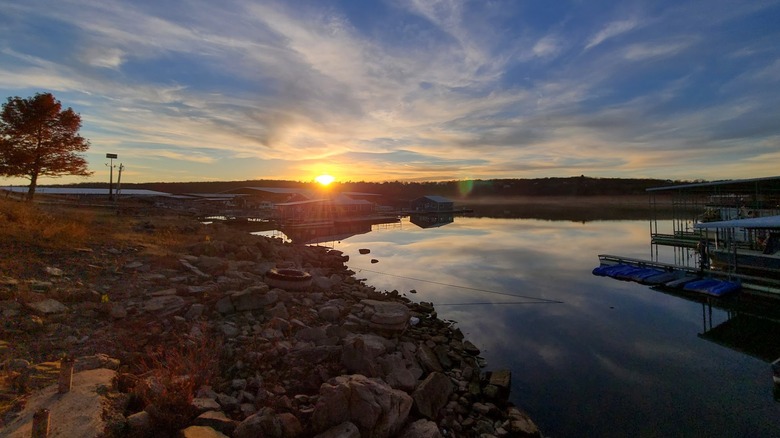 Sunset over the lake and shore at Keystone State Park in Oklahoma