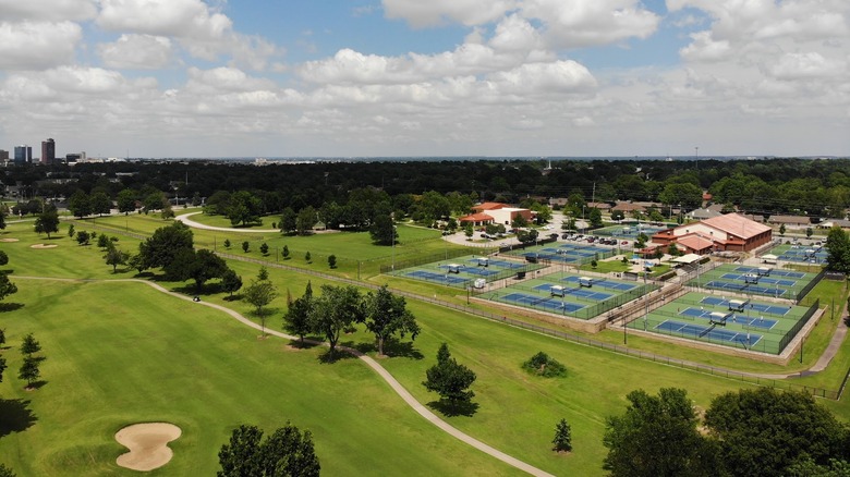 Aerial view of golf and tennis courts within Tulsa, Oklahoma's LaFortune Park