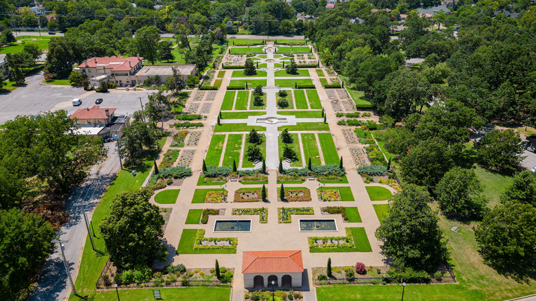 Aerial view of paths weaving through the gardens at Woodward Park in Tulsa, Oklahoma