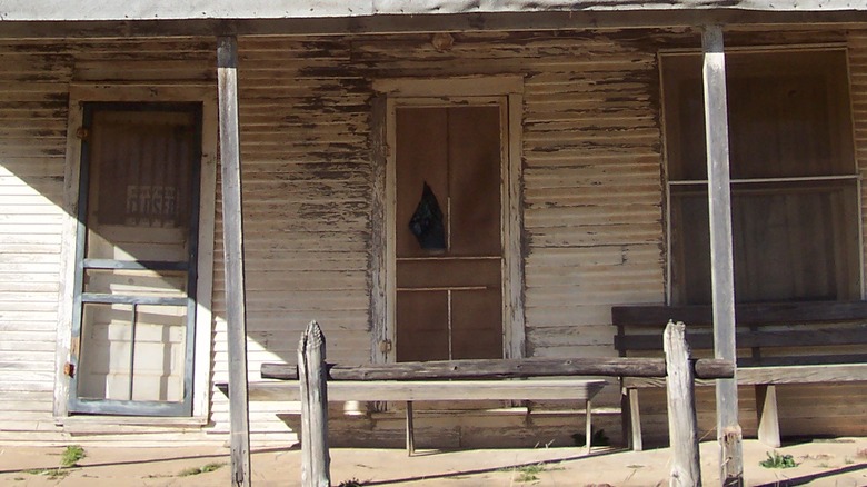 The entrance of a replica of an abandoned hotel in Ingalls, Oklahoma