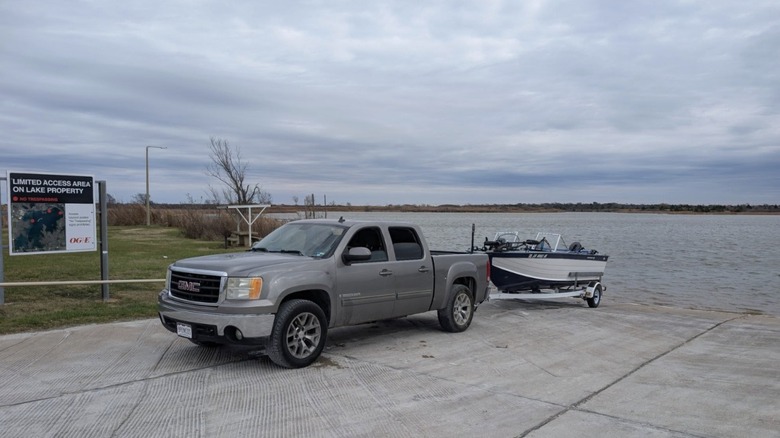 A boat rig parked at an access area at Sooner Lake.
