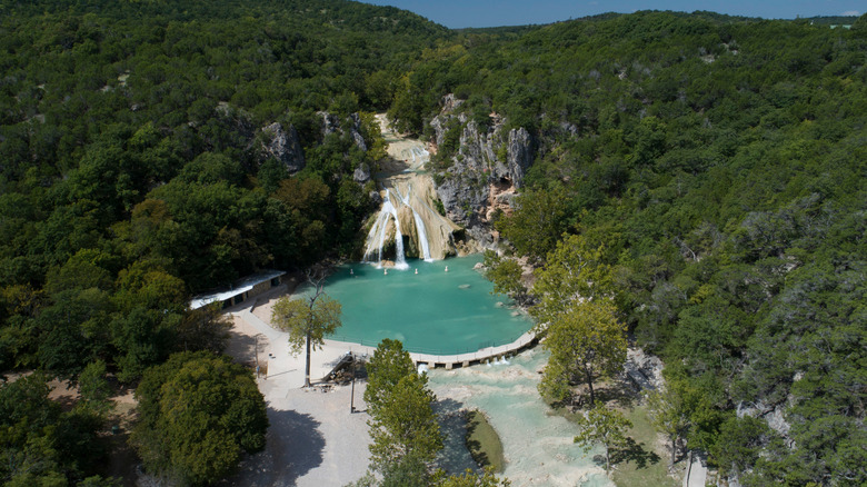 Aerial view of 77-foot waterfall in Turner Falls State Park