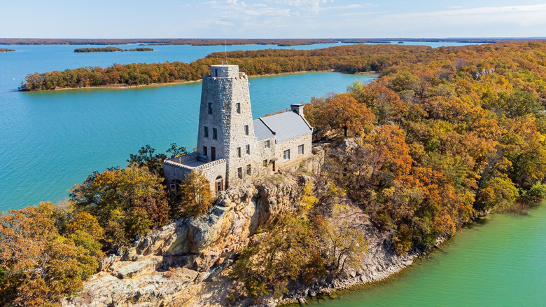 The Tucker Tower on a cliff overlooking Lake Murray in Oklahoma