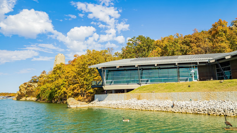 Exterior view of the Tucker Tower Nature Center along Lake Murray in Oklahoma