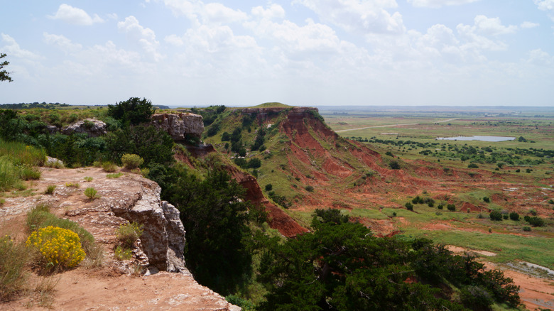 View of prairie land and ponds from the Gloss Mountains' walking trail in Oklahoma