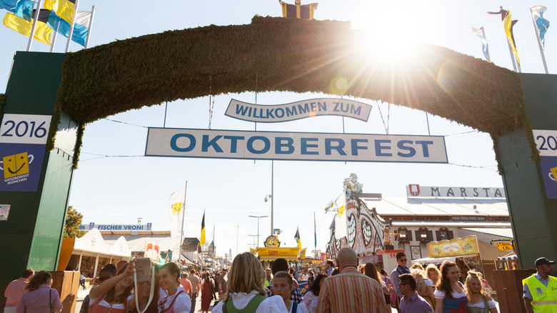 Welcome sign at the entrance gate at Oktoberfest in Munich, Germany