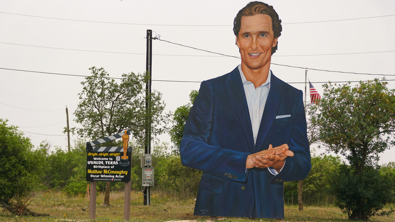 17 foot cut-out of actor Matthew McConaughey outside Uvalde, Texas