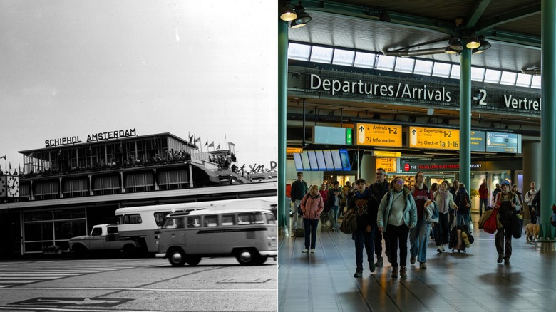 Undated photo of exterior of Amsterdam Airport Schiphol and passengers exiting the airport