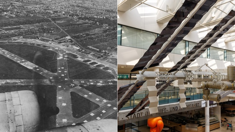 Aerial view of Bremen Airport in the 1940s and a view inside the terminal