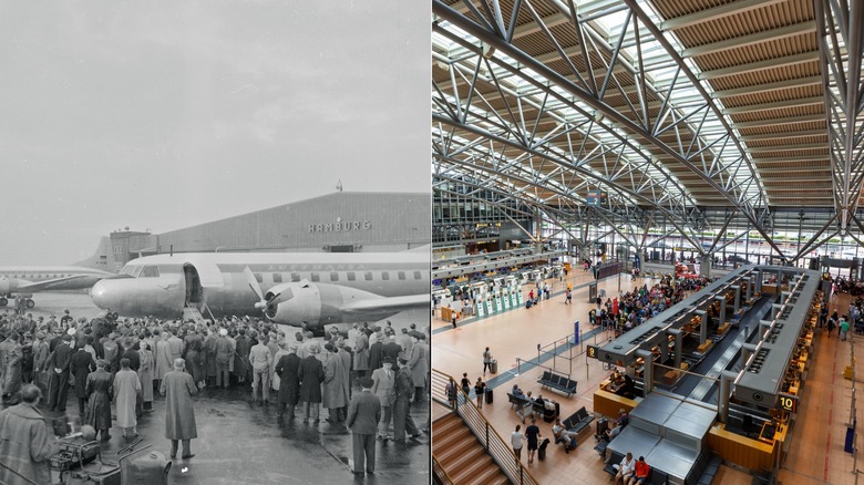 Undated photo of exterior of Hamburg Airport in and the interior of Hamburg Airport in 2022