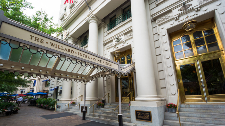 The exterior of the historic Willard InterContinental Hotel in Washington DC, as seen from the entry awning