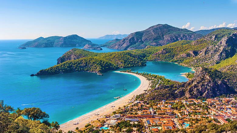 Oludeniz Beach village set against the mountains