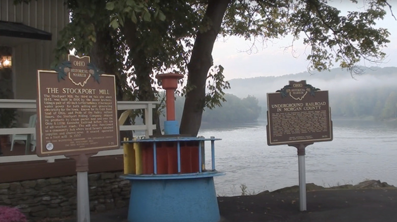brown signs on the ground in front of a tree and river