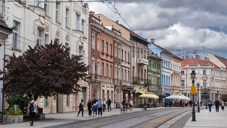 Colorfully pastel buildings and European architecture in Miskolc, Hungary