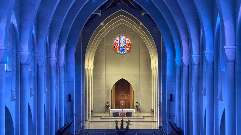 Domed blue-lit walls of the interior Monastery of the Holy Spirit