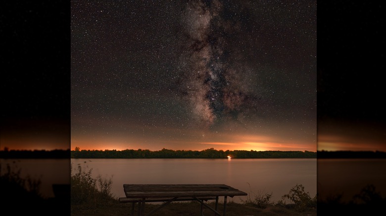 Bench on Lake Hudson at night
