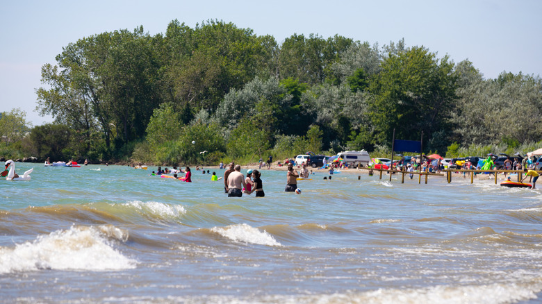 People swim in the lake at Nickel Beach, Ontario
