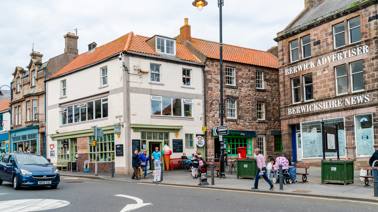 Shops along street in Berwick-upon-Tweed, England