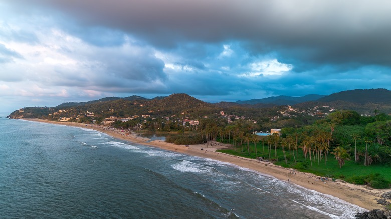 Aerial view over San Pancho beach, backed by jungle and restaurants.