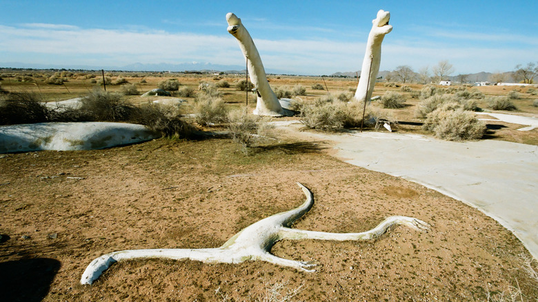 Dilapidating dinosaurs in a ruined mini golf park California