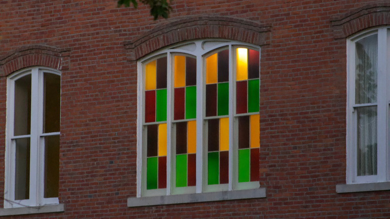Colorful windows brick building at Iowa Wesleyan University