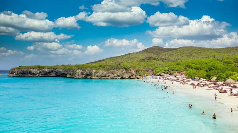 Aerial view of turquoise water and white sand at Grote Knip